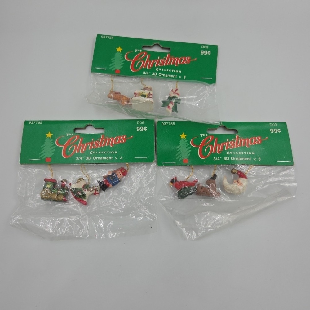 9 Vintage Miniature Christmas Ornaments 3/4 inch Resin With String For Hanging